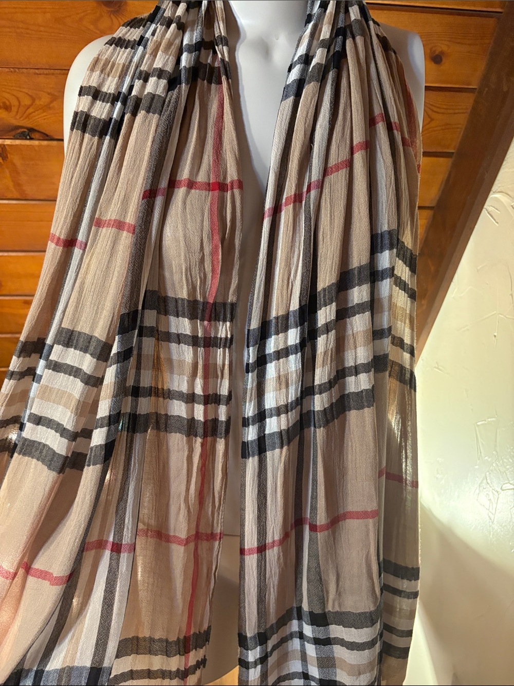 Plaid Check Scarf Tan Black Red Preppy Classic